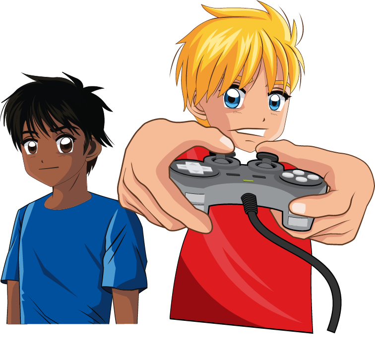 ein blondes Kind hält ein Gamepad in der Hand während sein Kumpel ihn beobachtet.